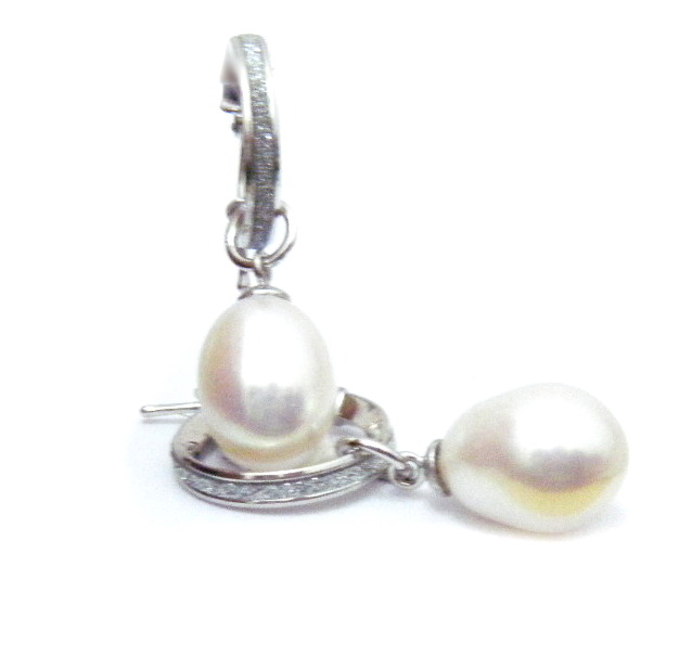 Silver Huggies Inlaid with CZs, White 10mm Drop Pearls